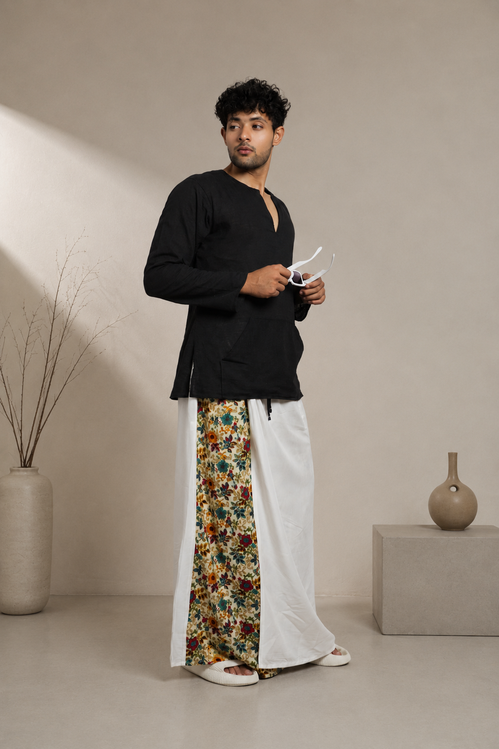Men White Colour With  Floral Border Stripe Panel Pajamalungi