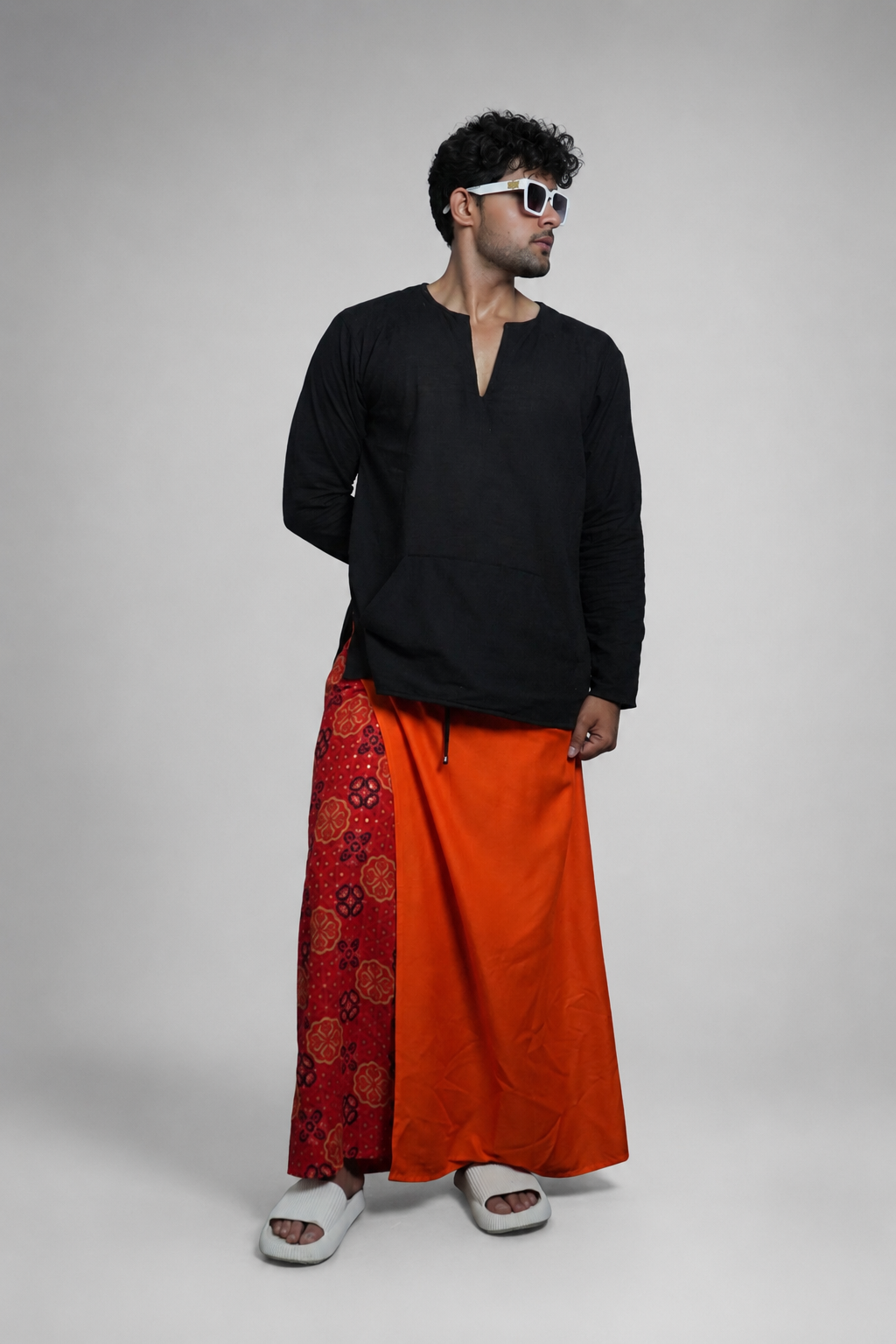 Men Orange Colour With  Floral Border Stripe Panel Pajamalungi