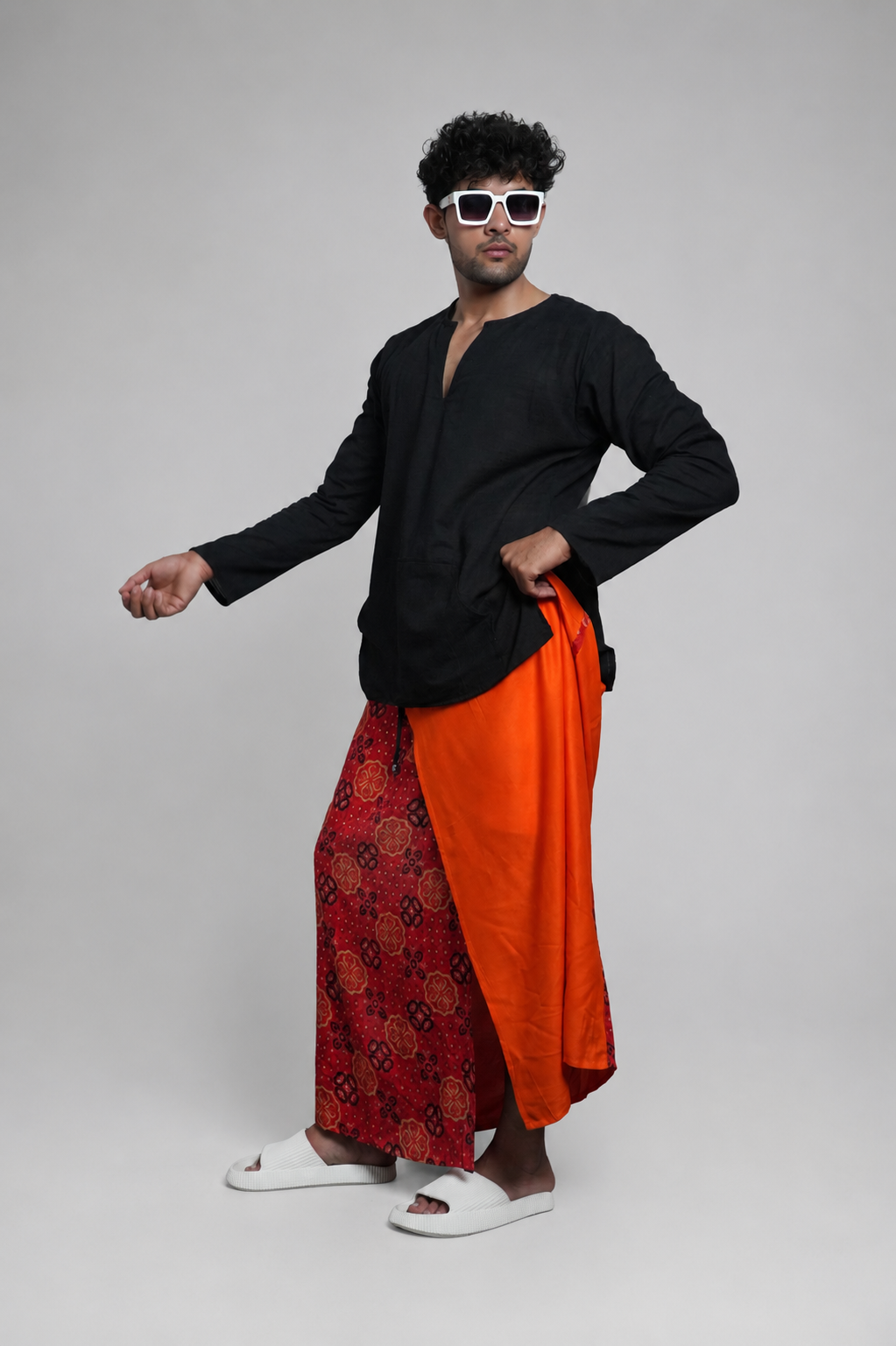 Men Orange Colour With  Floral Border Stripe Panel Pajamalungi
