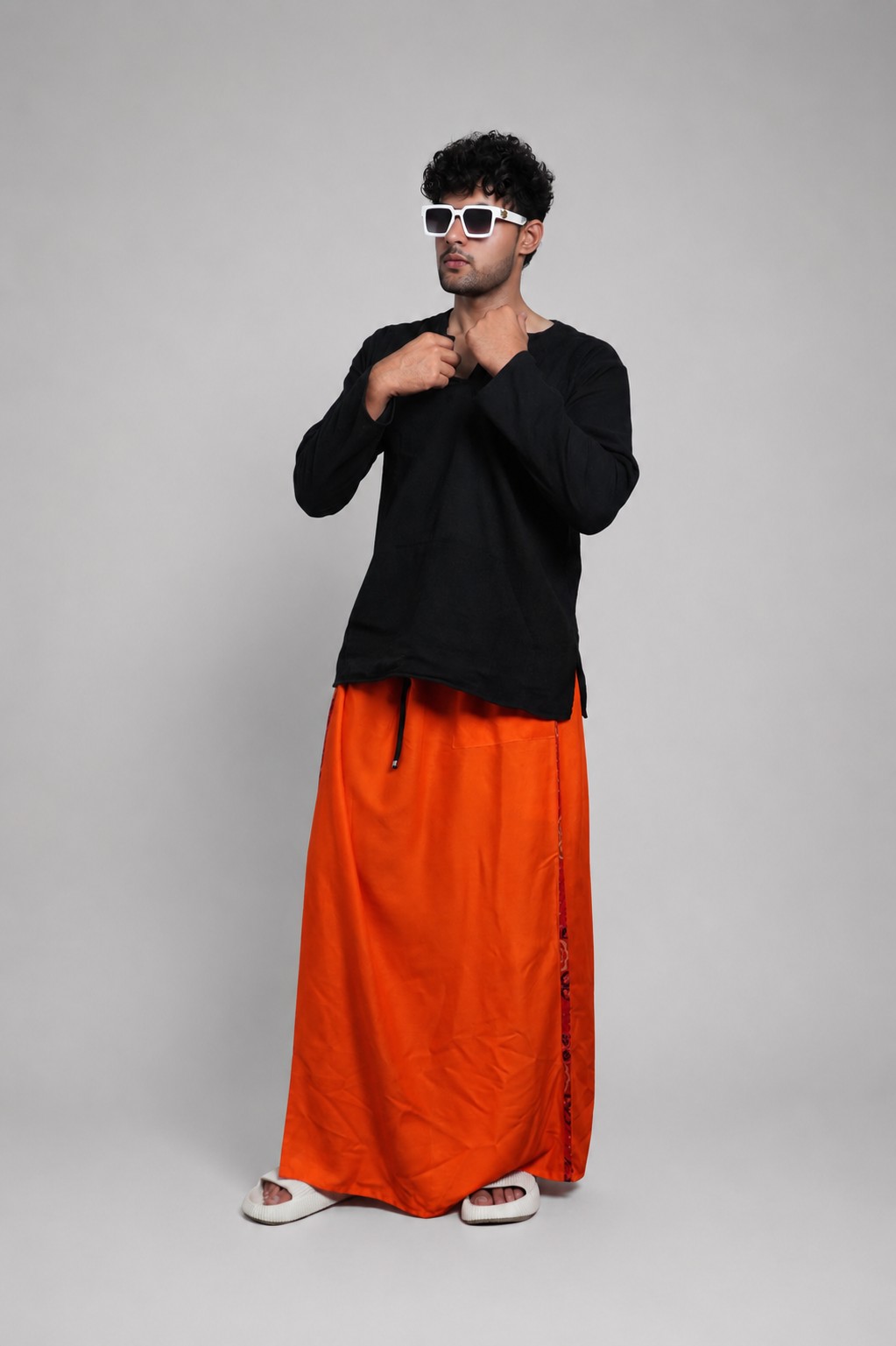 Men Orange Colour With  Floral Border Stripe Panel Pajamalungi