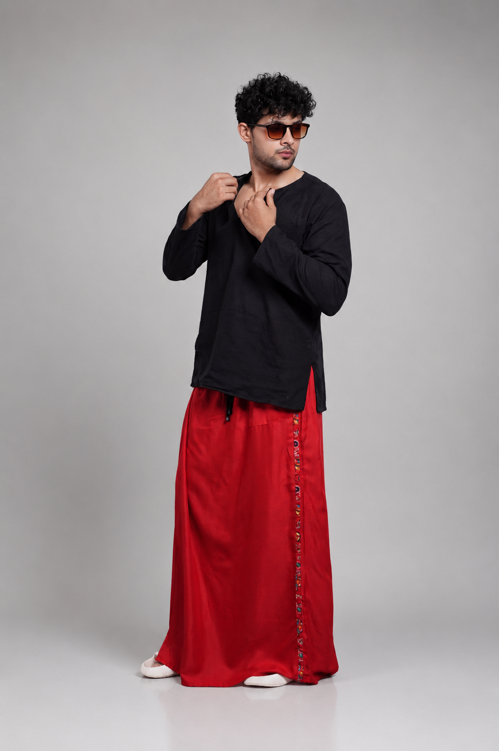 Men Red Colour Pajamalungi With Textured Stripe Panel Pajamalungi