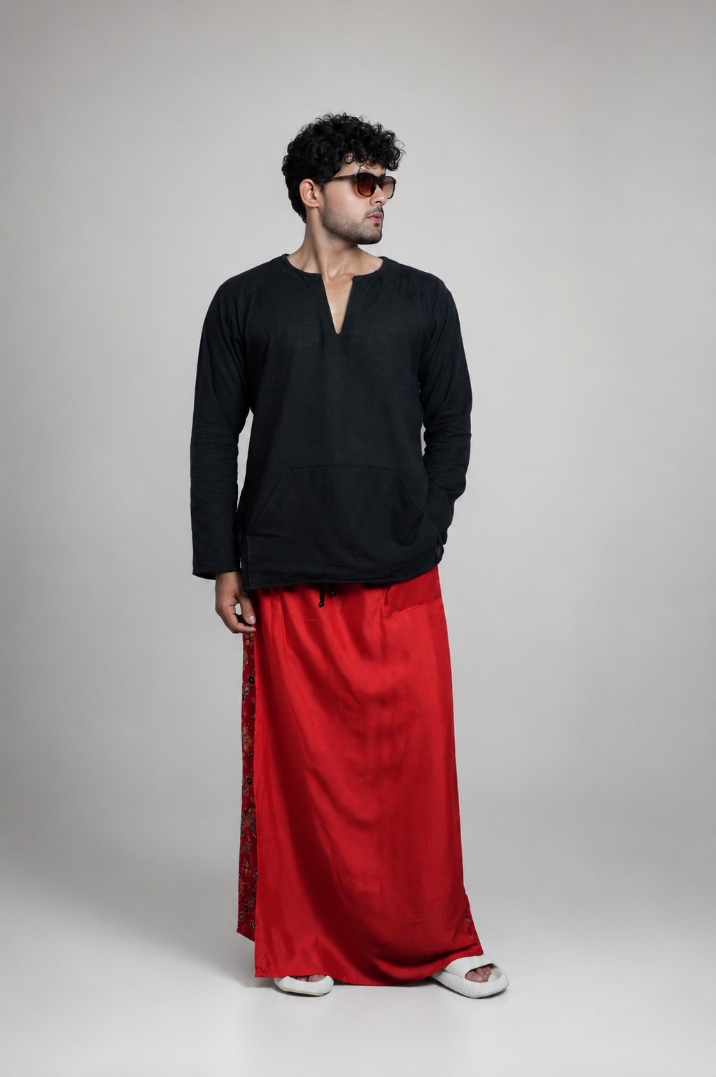 Men Red Colour Pajamalungi With Textured Stripe Panel Pajamalungi