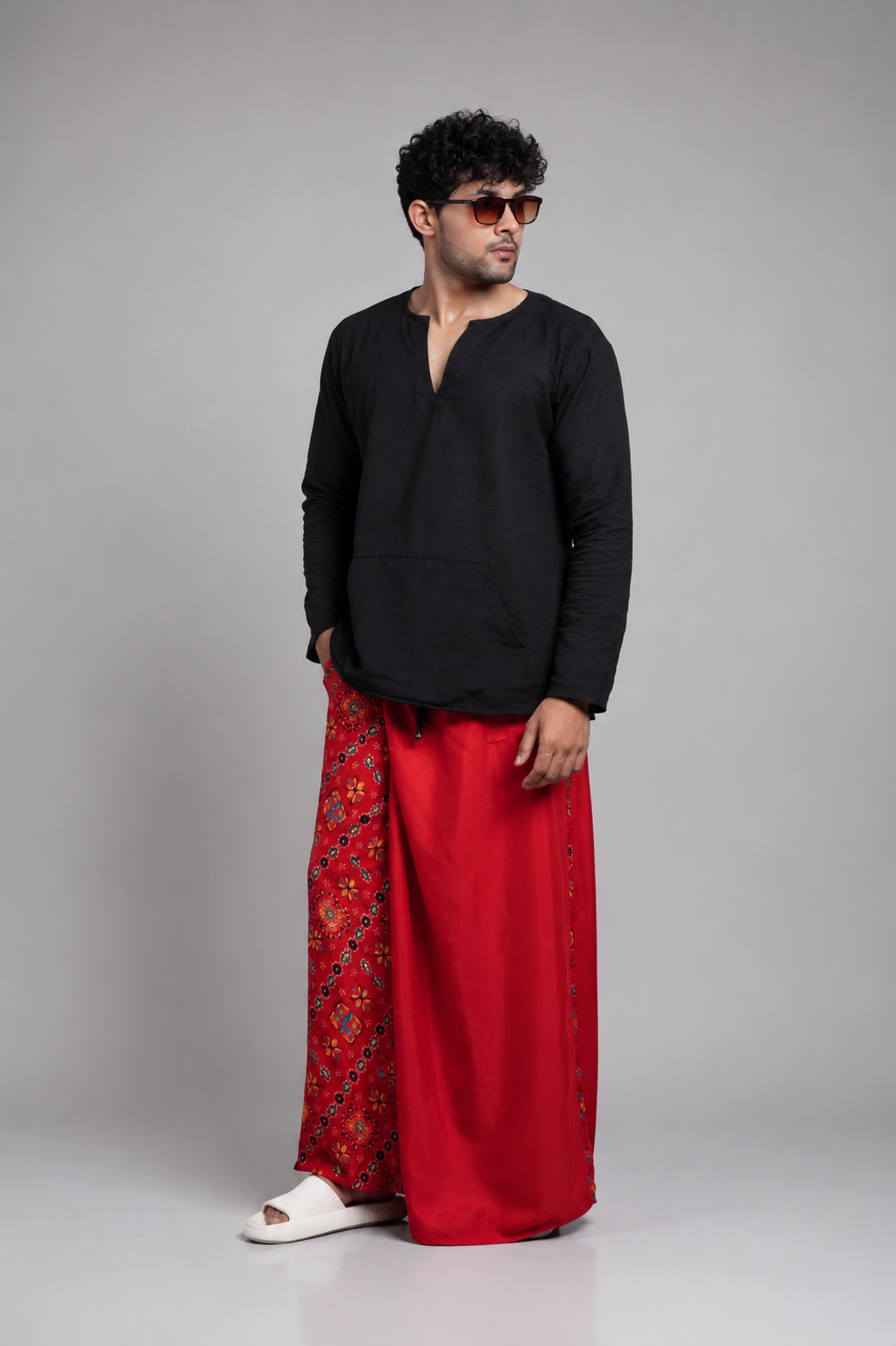 Men Red Colour Pajamalungi With Textured Stripe Panel Pajamalungi