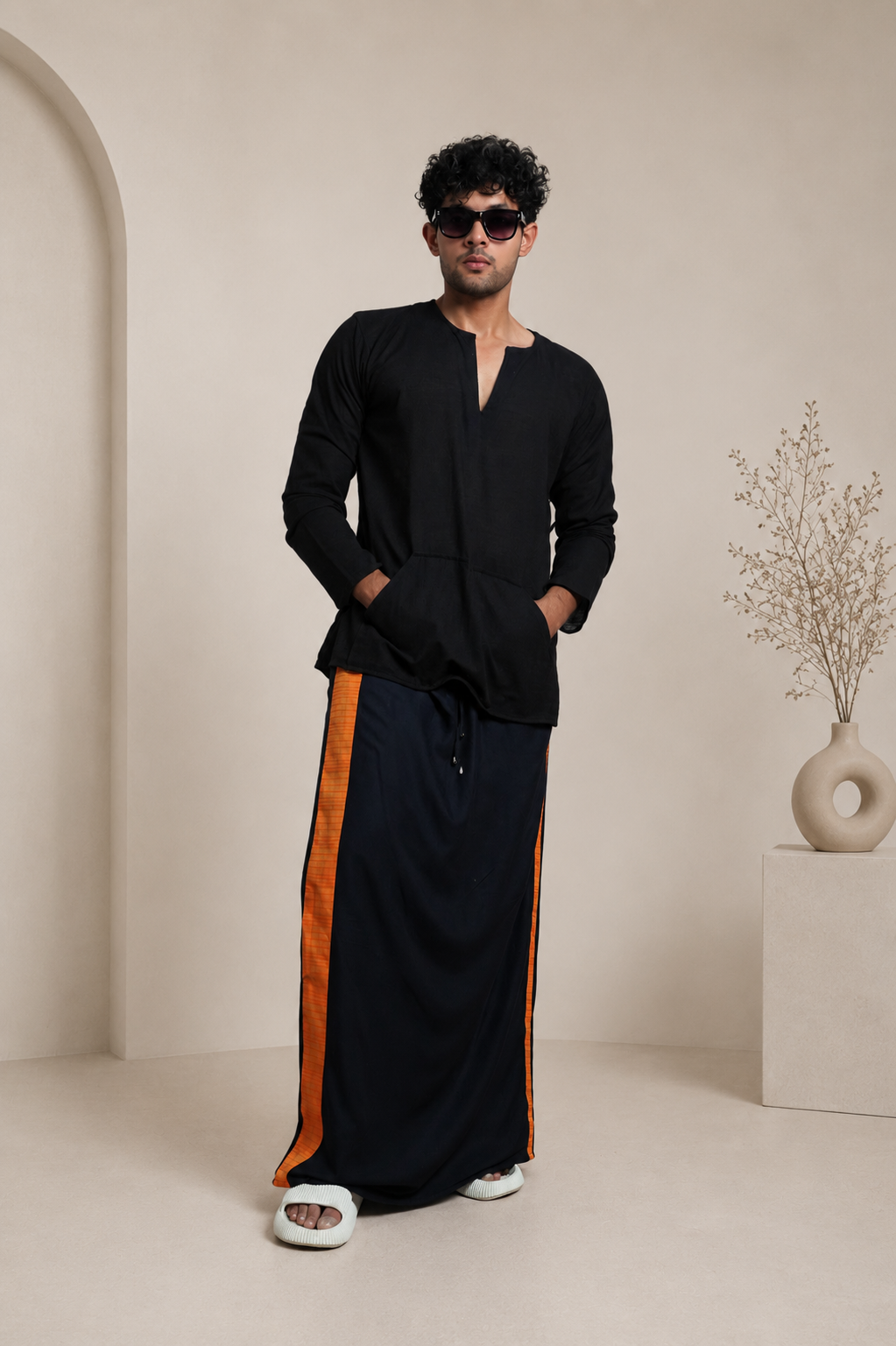 Men Navy Blue Colour Pajamalungi With Yellow Colour Textured Stripe Panel