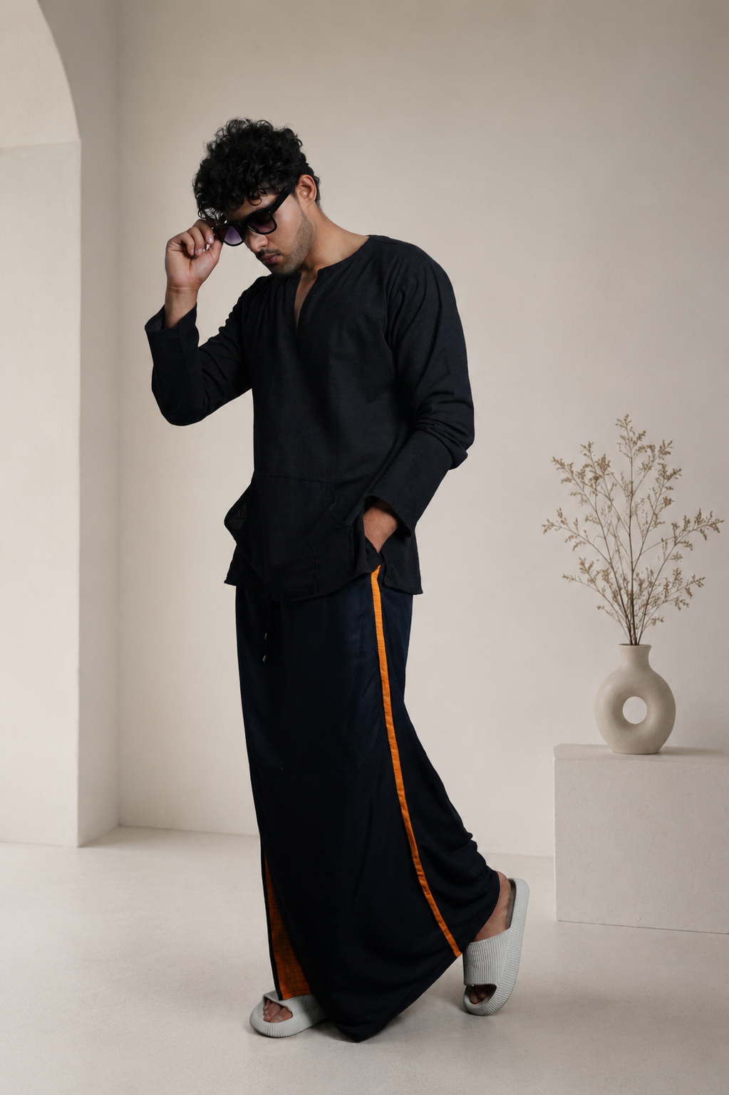Men Navy Blue Colour Pajamalungi With Yellow Colour Textured Stripe Panel