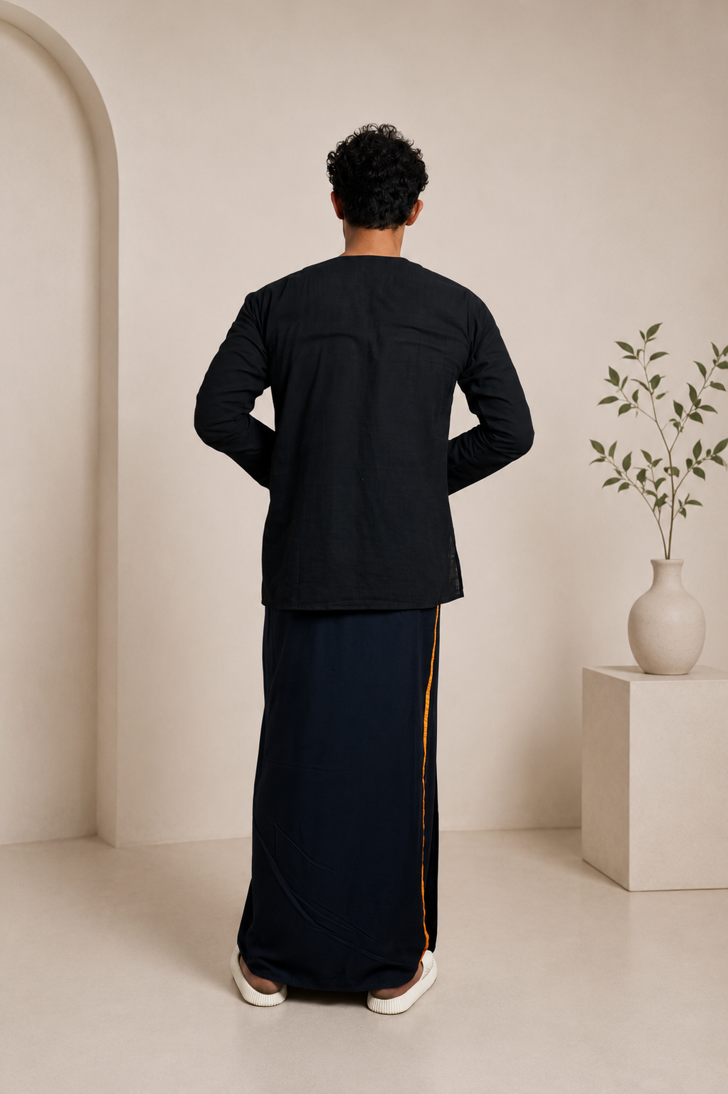 Men Navy Blue Colour Pajamalungi With Yellow Colour Textured Stripe Panel