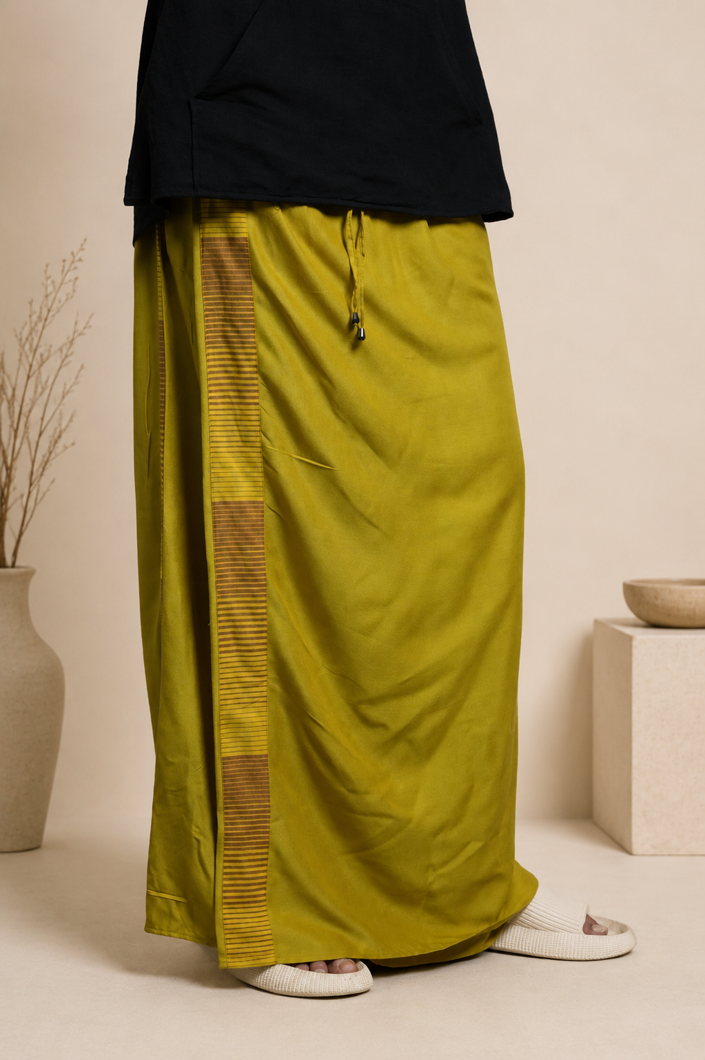 Men Pista Mustard Colour Pajamalungi With Brown & Golden Colour Textured Stripe Panel