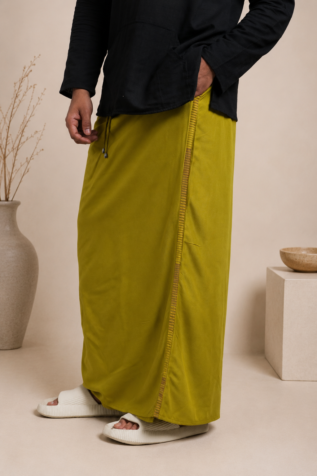 Men Pista Mustard Colour Pajamalungi With Brown & Golden Colour Textured Stripe Panel