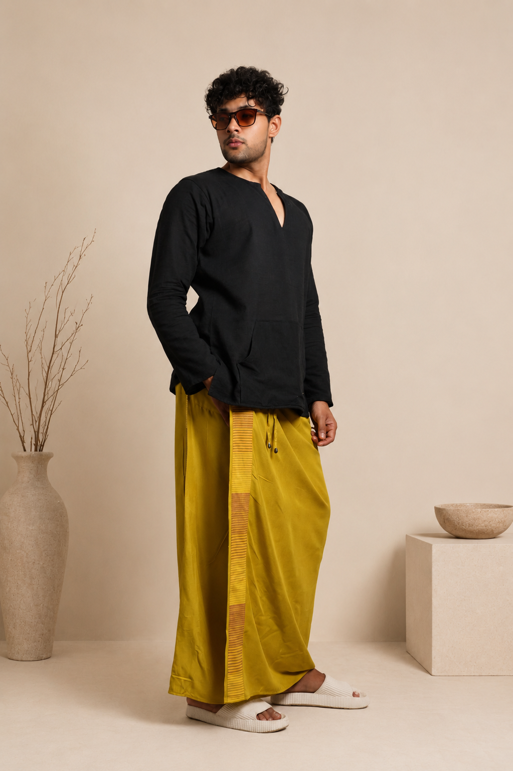 Men Pista Mustard Colour Pajamalungi With Brown & Golden Colour Textured Stripe Panel