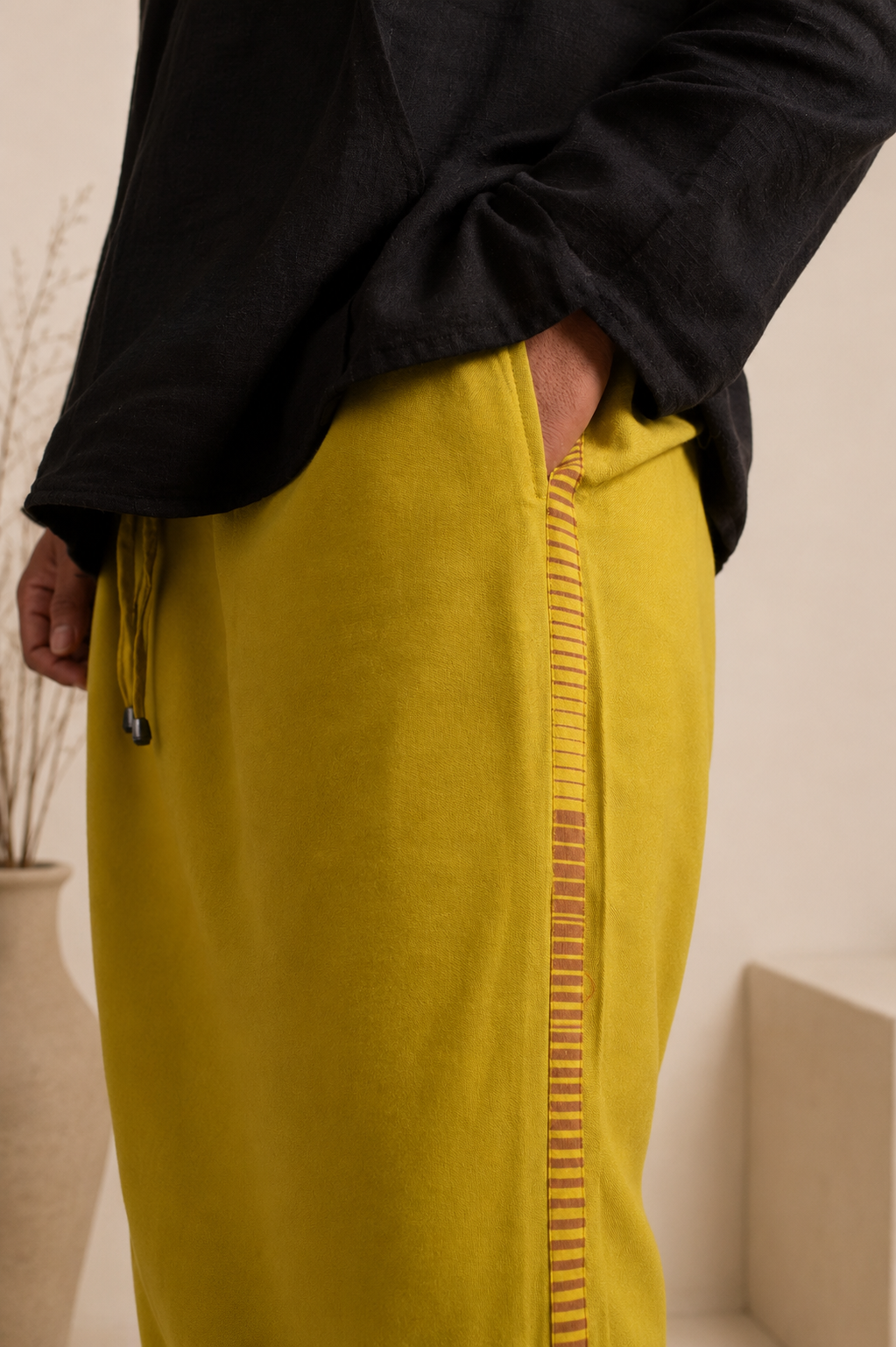 Men Pista Mustard Colour Pajamalungi With Brown & Golden Colour Textured Stripe Panel