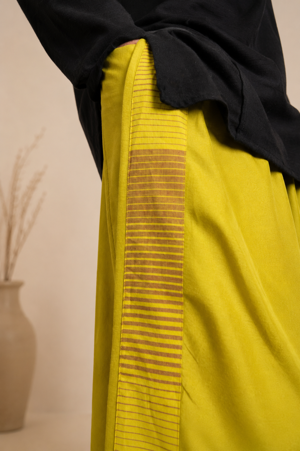 Men Pista Mustard Colour Pajamalungi With Brown & Golden Colour Textured Stripe Panel