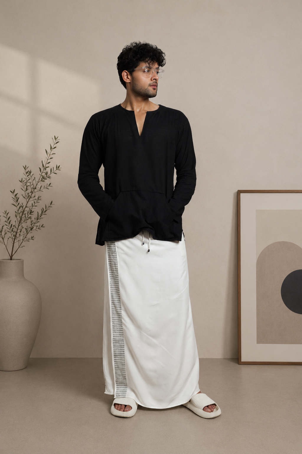 Men White Colour Pajamalungi With Silver Colour Textured Stripe Panel