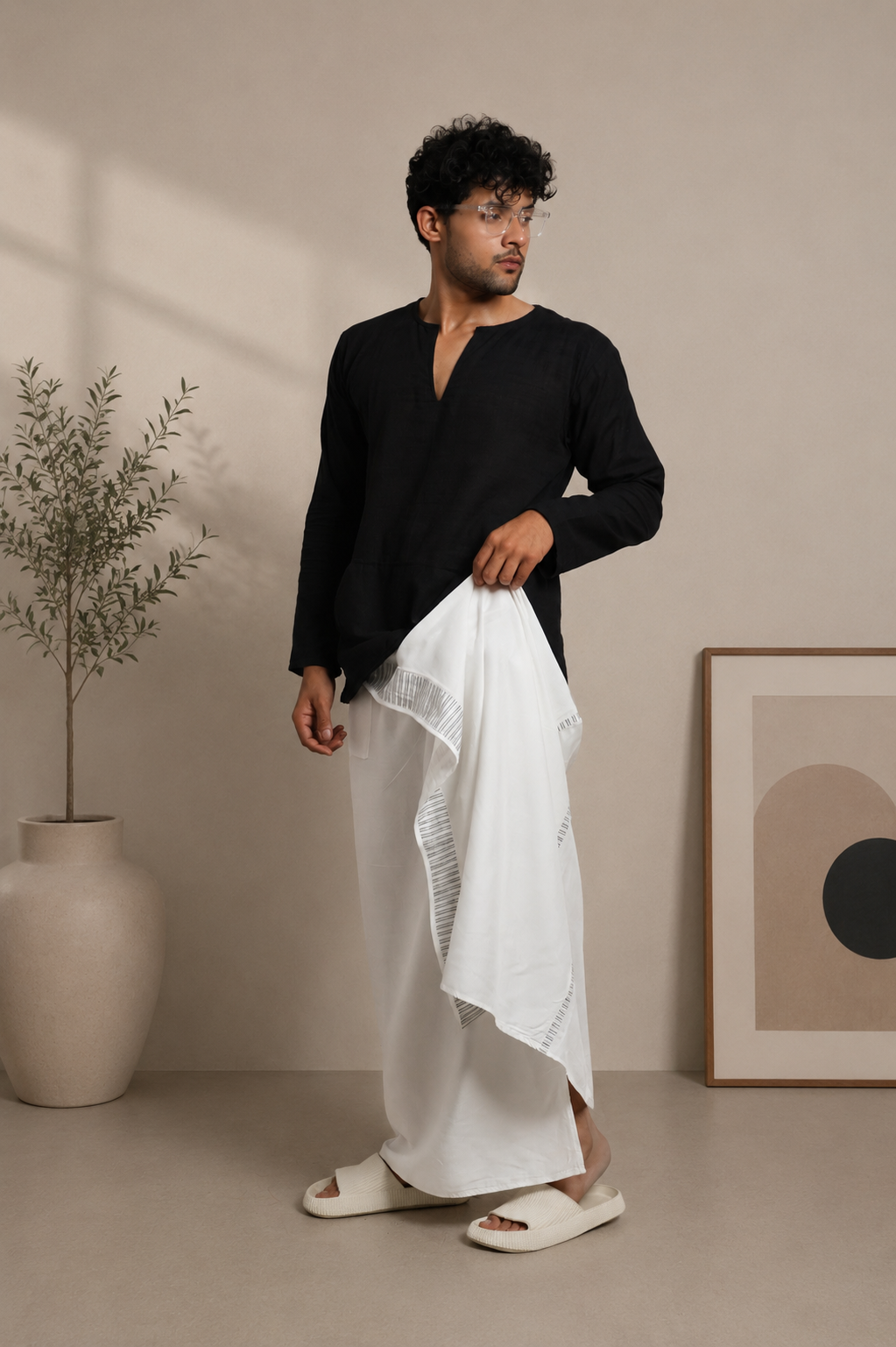 Men White Colour Pajamalungi With Silver Colour Textured Stripe Panel