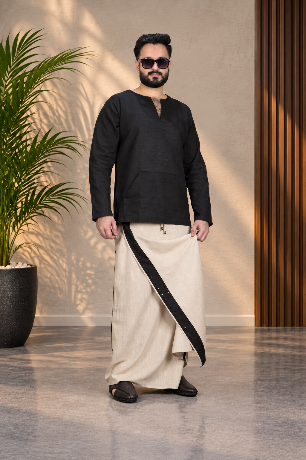 men's Cream Blackline PajamaLungi