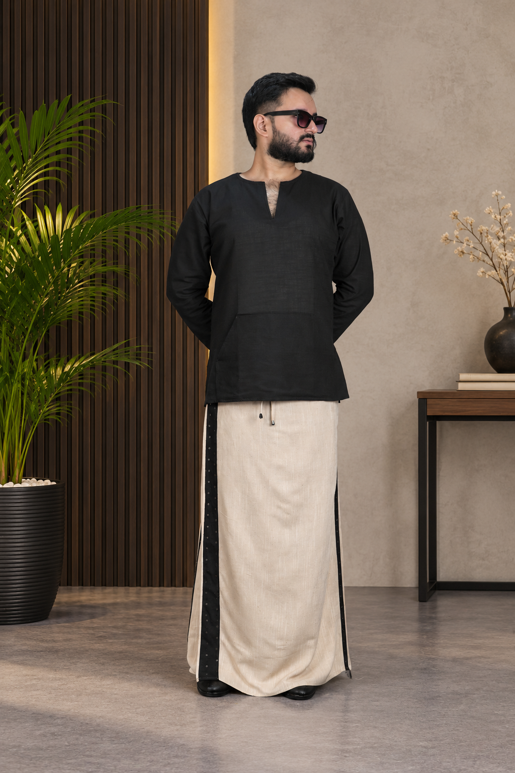 men's Cream Blackline PajamaLungi