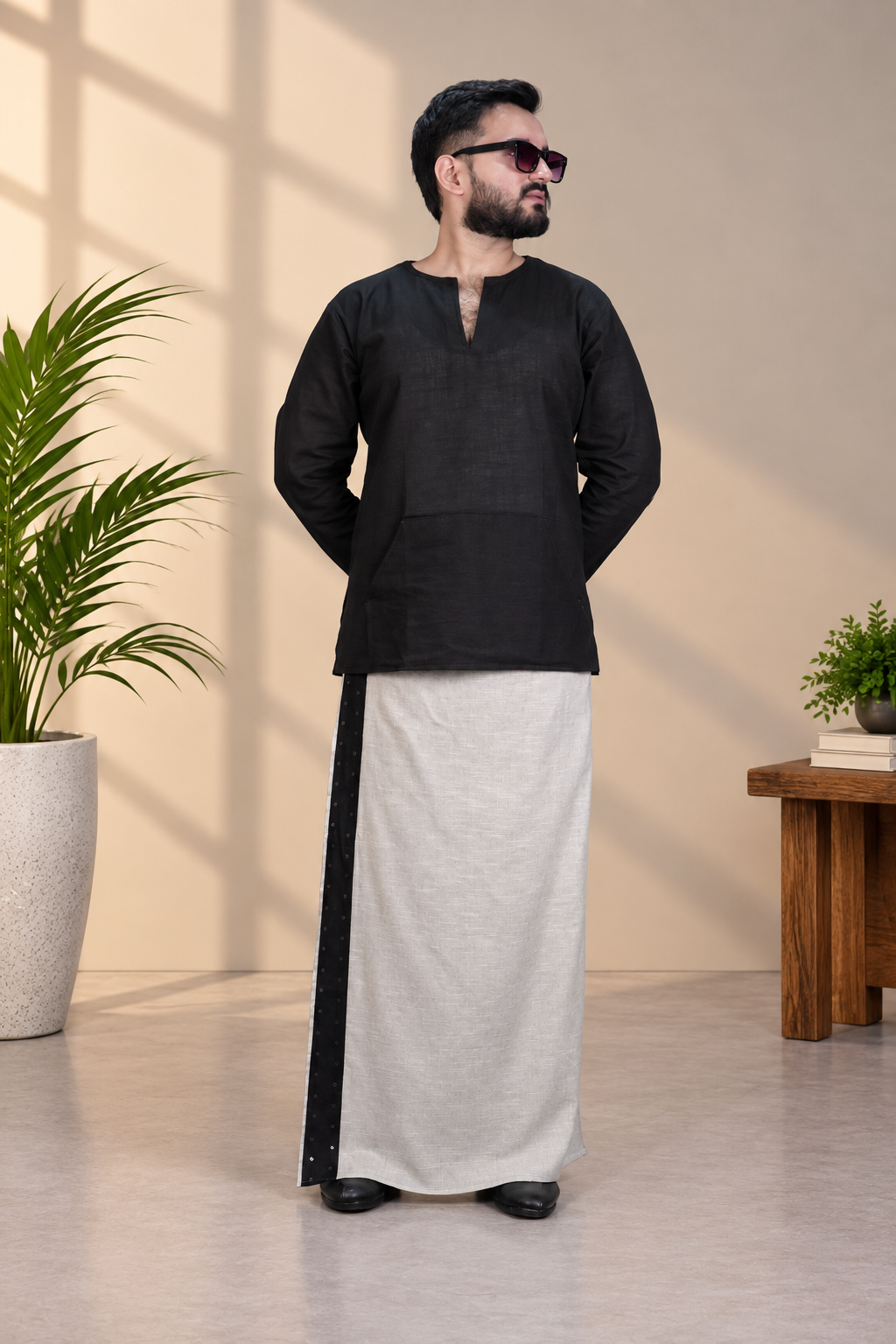 Men's Ivory Contrast PajamaLungi
