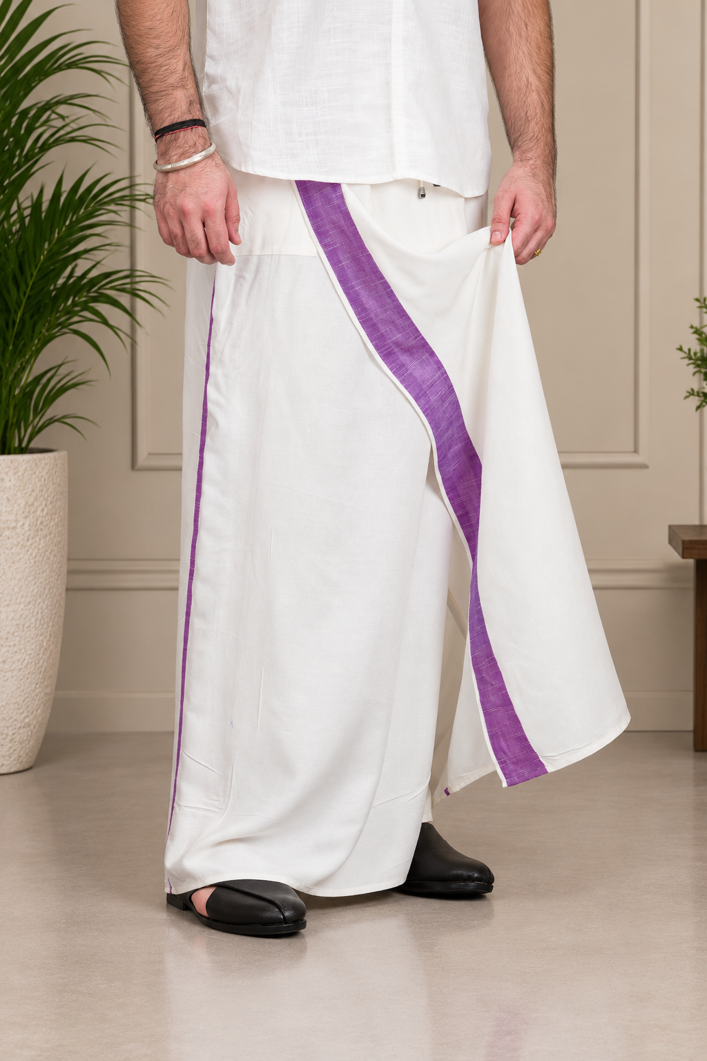 Men's Ivory Purple Edge PajamaLungi