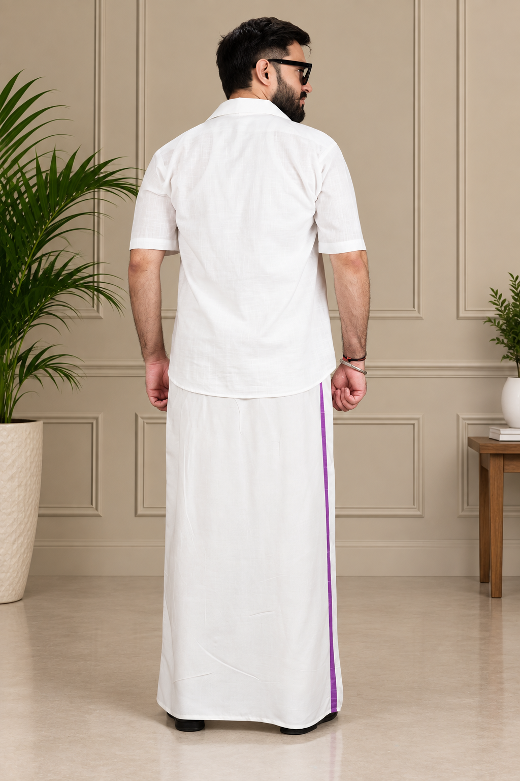 Men's Ivory Purple Edge PajamaLungi