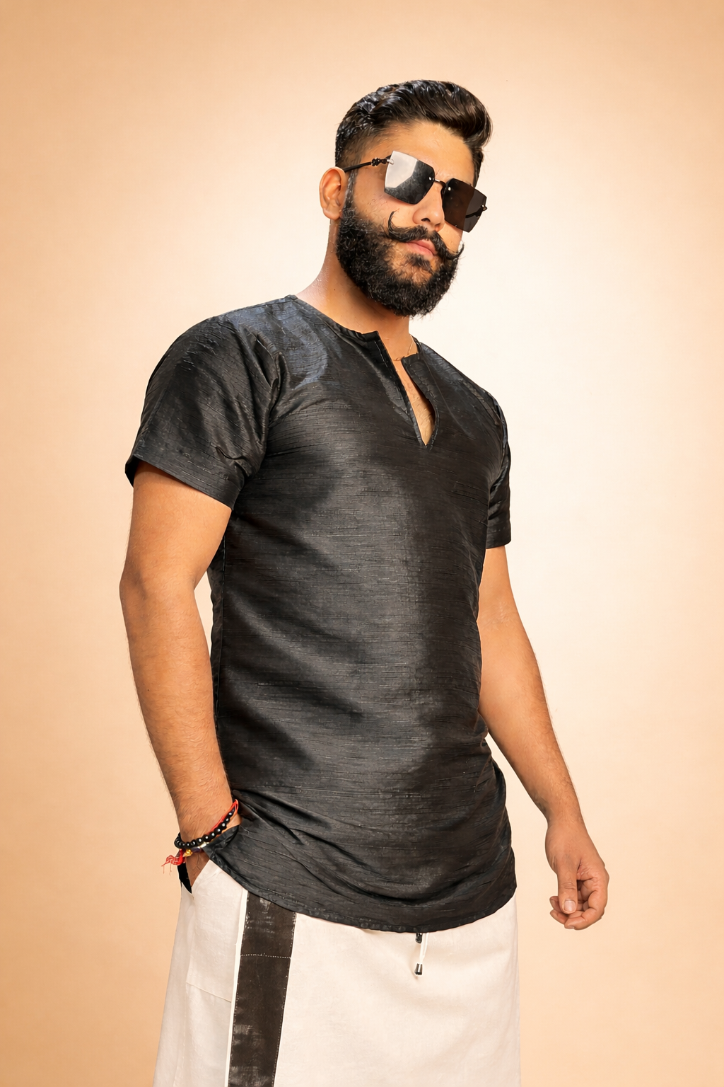 Men Black Colour Mulberry Silk Kurta.