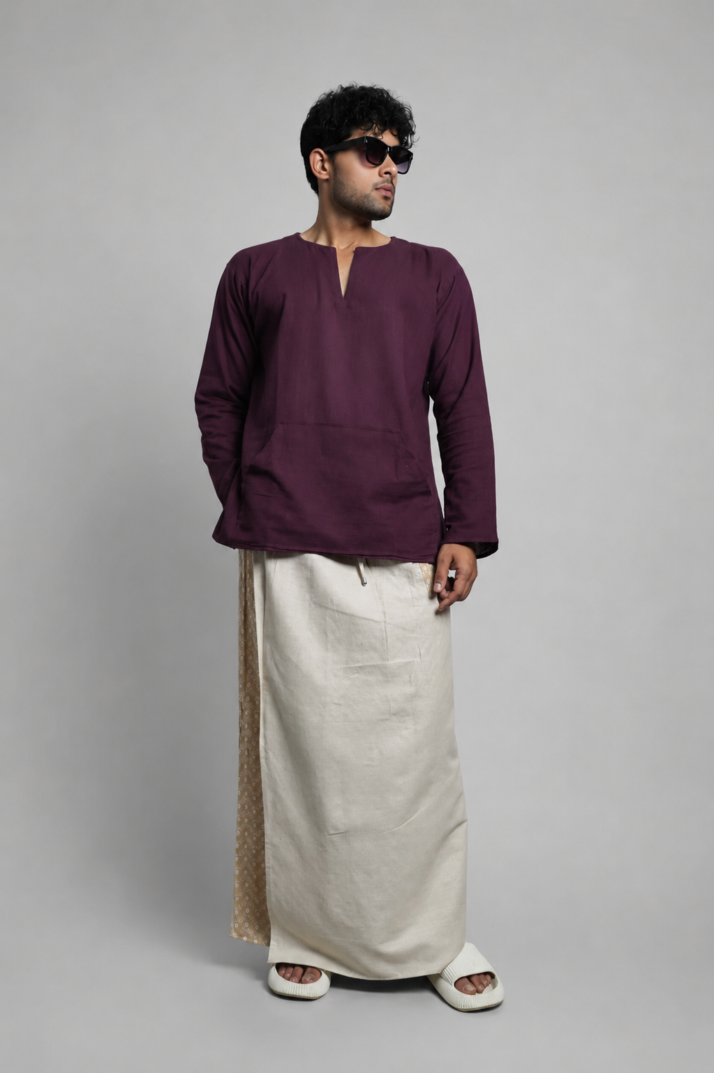Men Beige Colour Pajamalungi With Beige Embroidery Panel