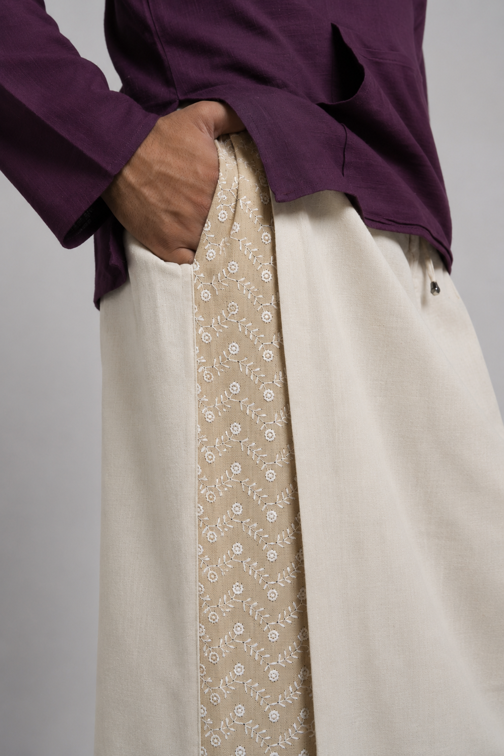 Men Beige Colour Pajamalungi With Beige Embroidery Panel