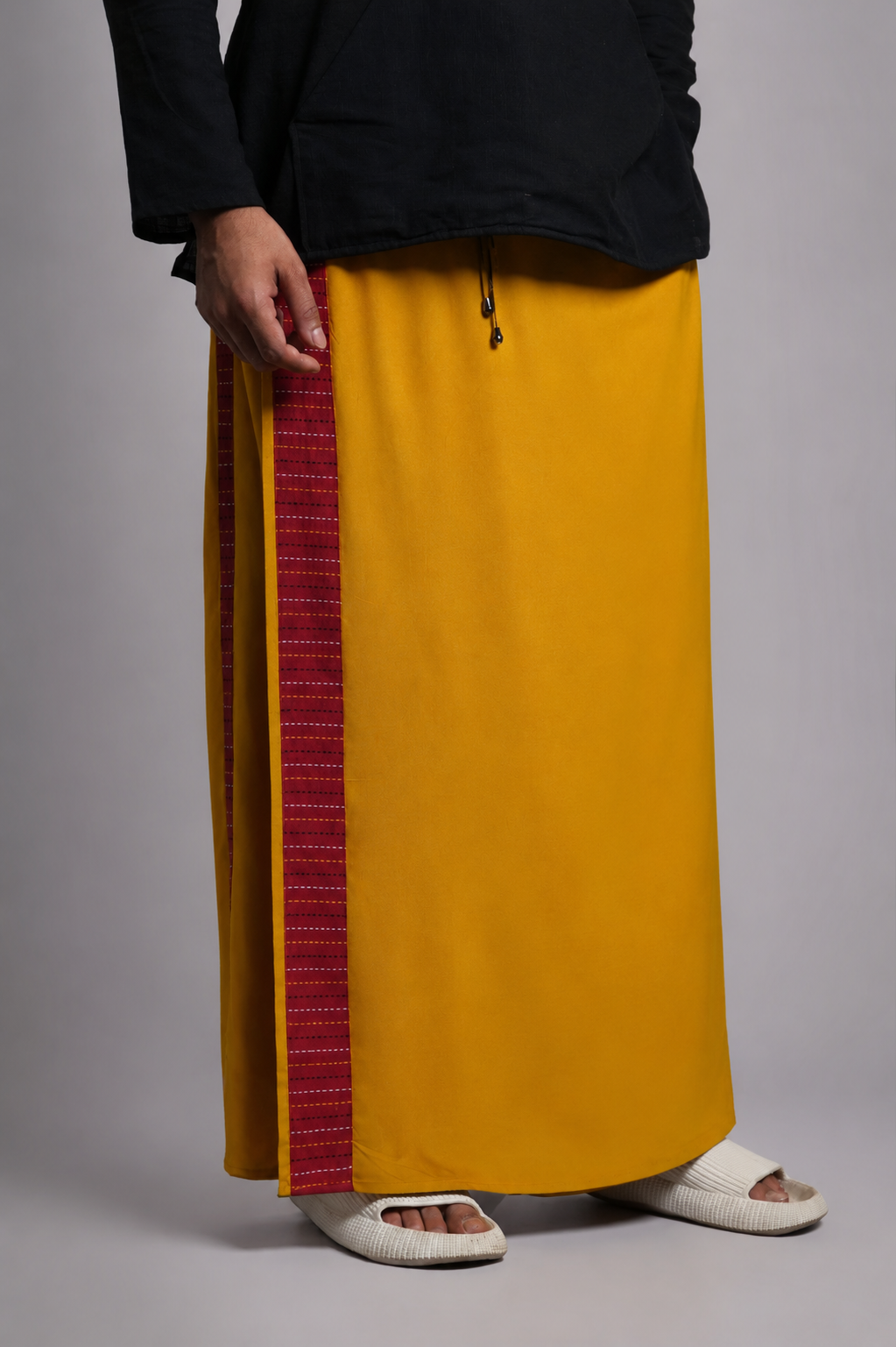 Men Yellow Colour Pajamalungi With Red  Textured Stripe Panel Pajamalungi