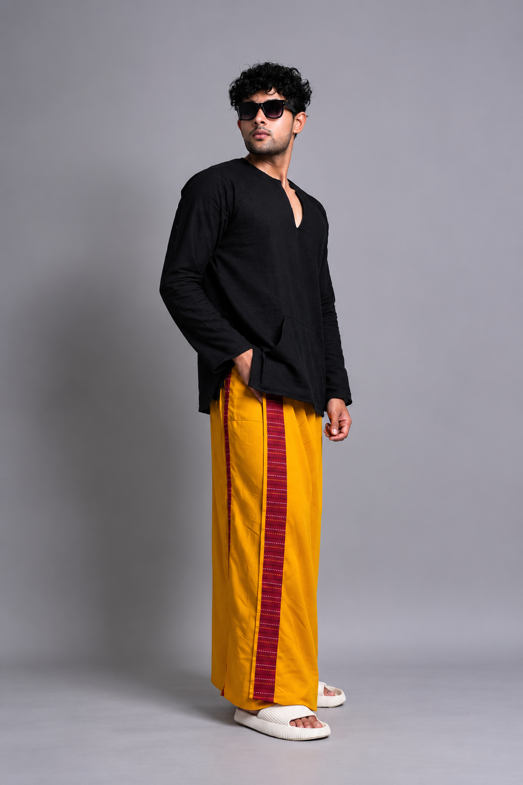 Men Yellow Colour Pajamalungi With Red  Textured Stripe Panel Pajamalungi