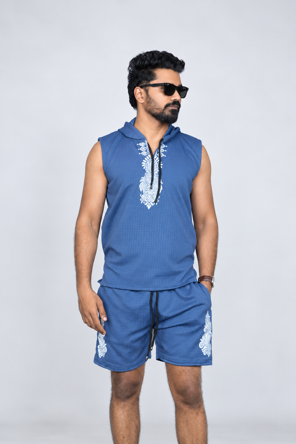Men's Blue Printed Sleeveless Hoodie