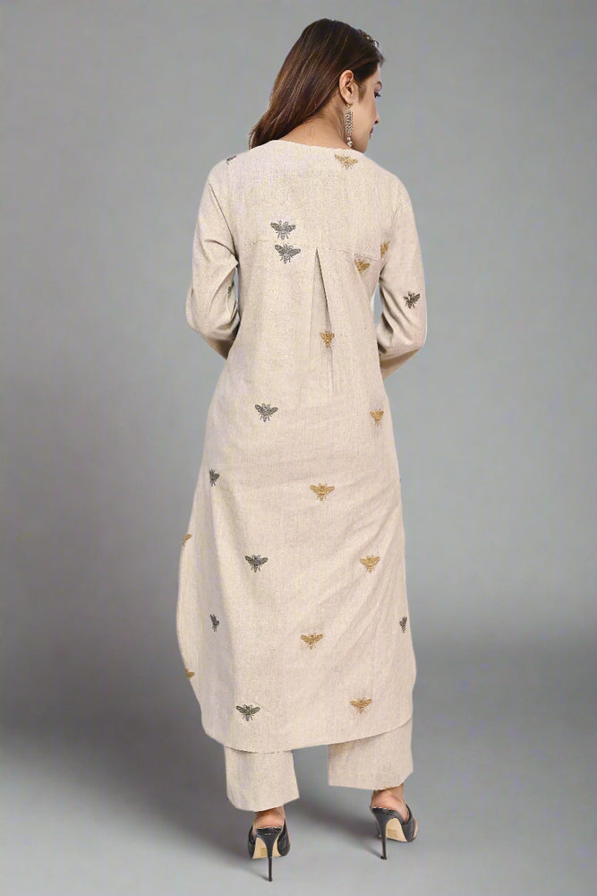 Almond Honeybee Embroidered Cotton Kurti Set