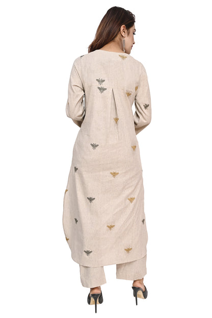 Beige Honey Bee Embroidered Kurta Palazzo Set