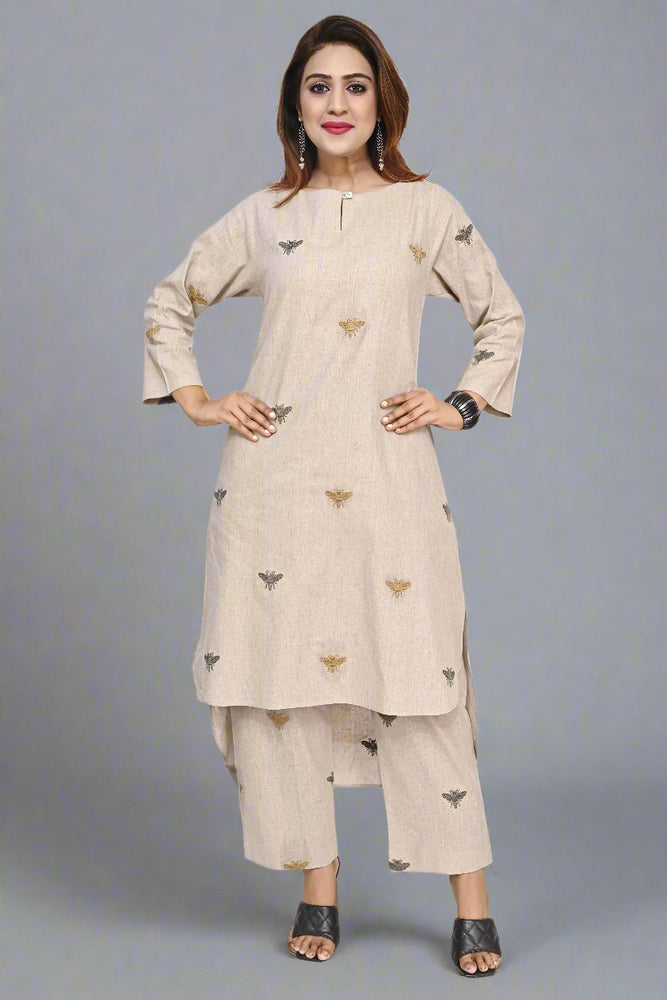 Almond Honeybee Embroidered Cotton Kurti Set