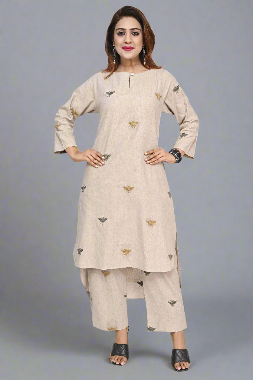 Almond Honeybee Embroidered Cotton Kurti Set