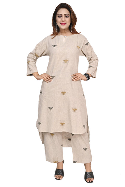 Beige Honey Bee Embroidered Kurta Palazzo Set