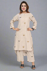 Almond Honeybee Embroidered Cotton Kurti Set