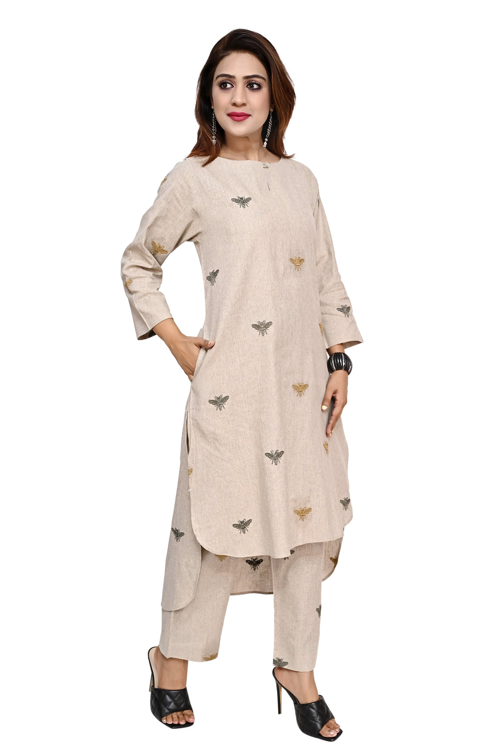 Beige Honey Bee Embroidered Kurta Palazzo Set