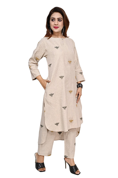 Beige Honey Bee Embroidered Kurta Palazzo Set