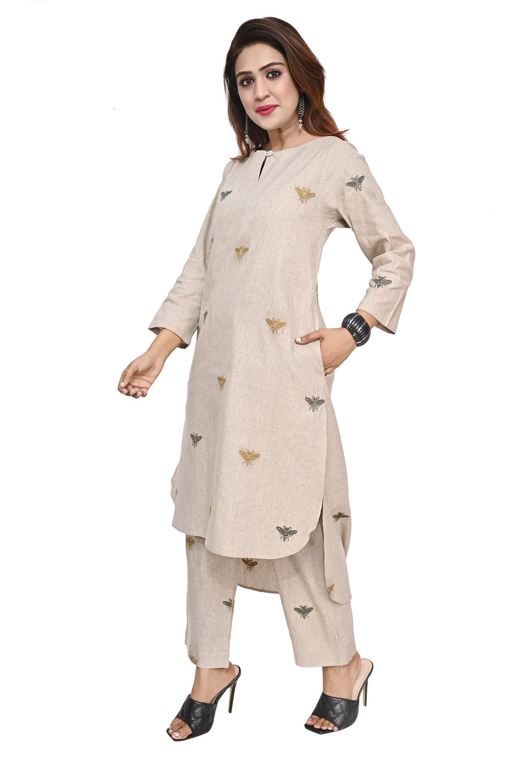 Beige Honey Bee Embroidered Kurta Palazzo Set