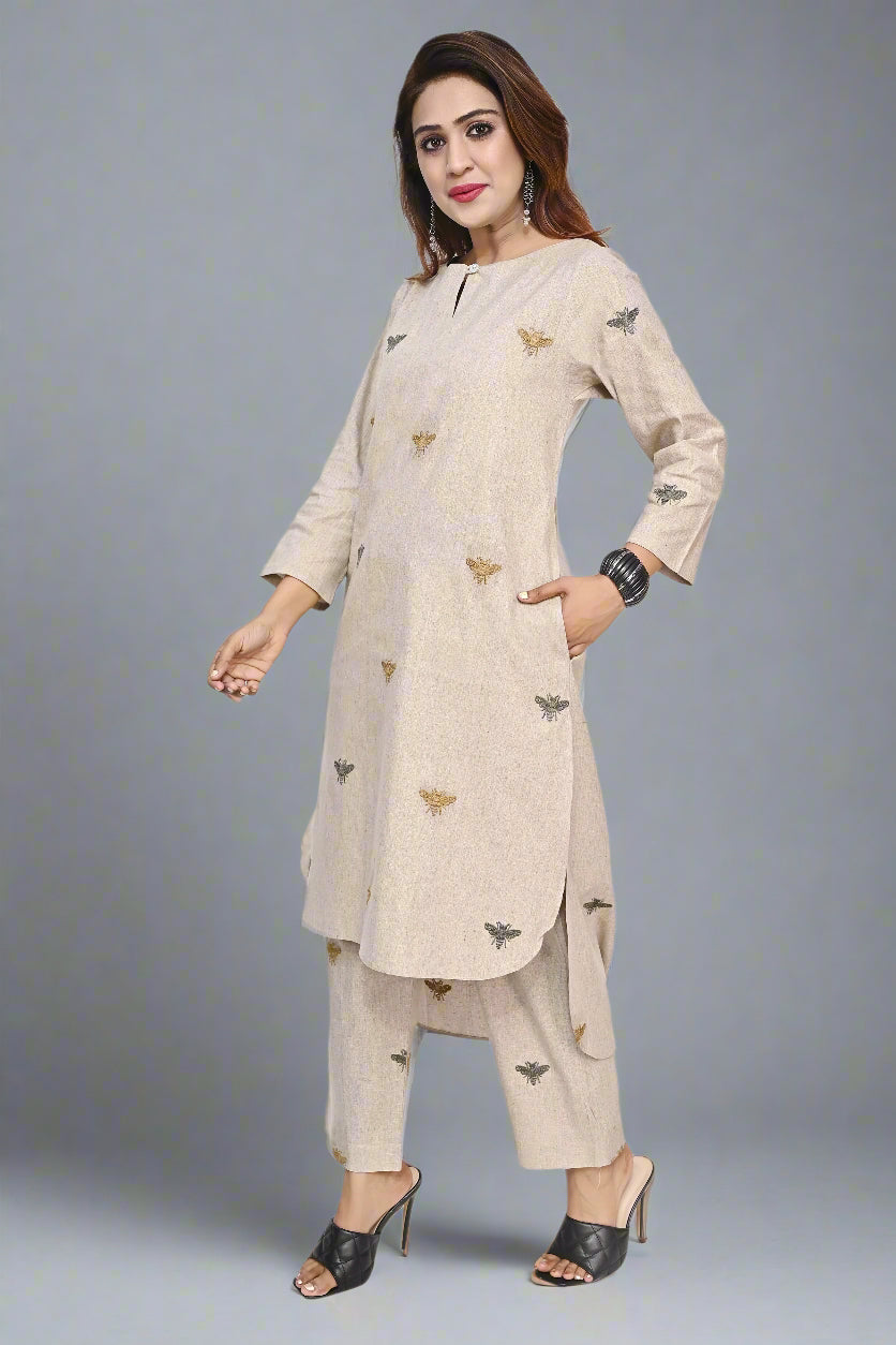 Almond Honeybee Embroidered Cotton Kurti Set