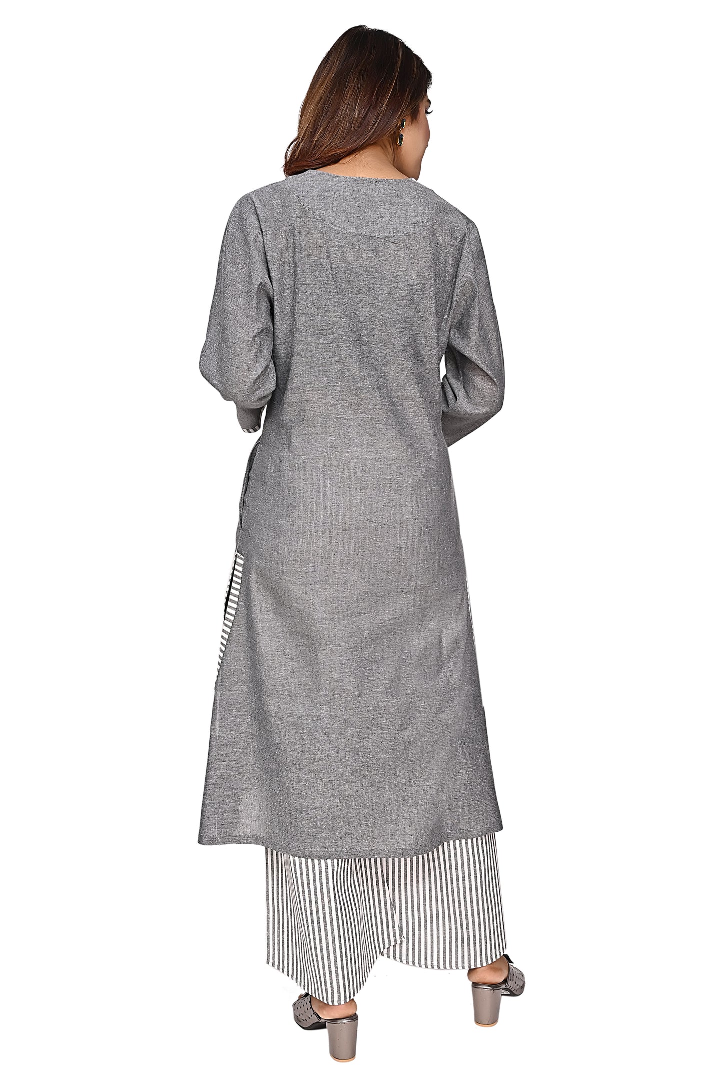 Grey Straight Kurta with Striped Palazzo Pants