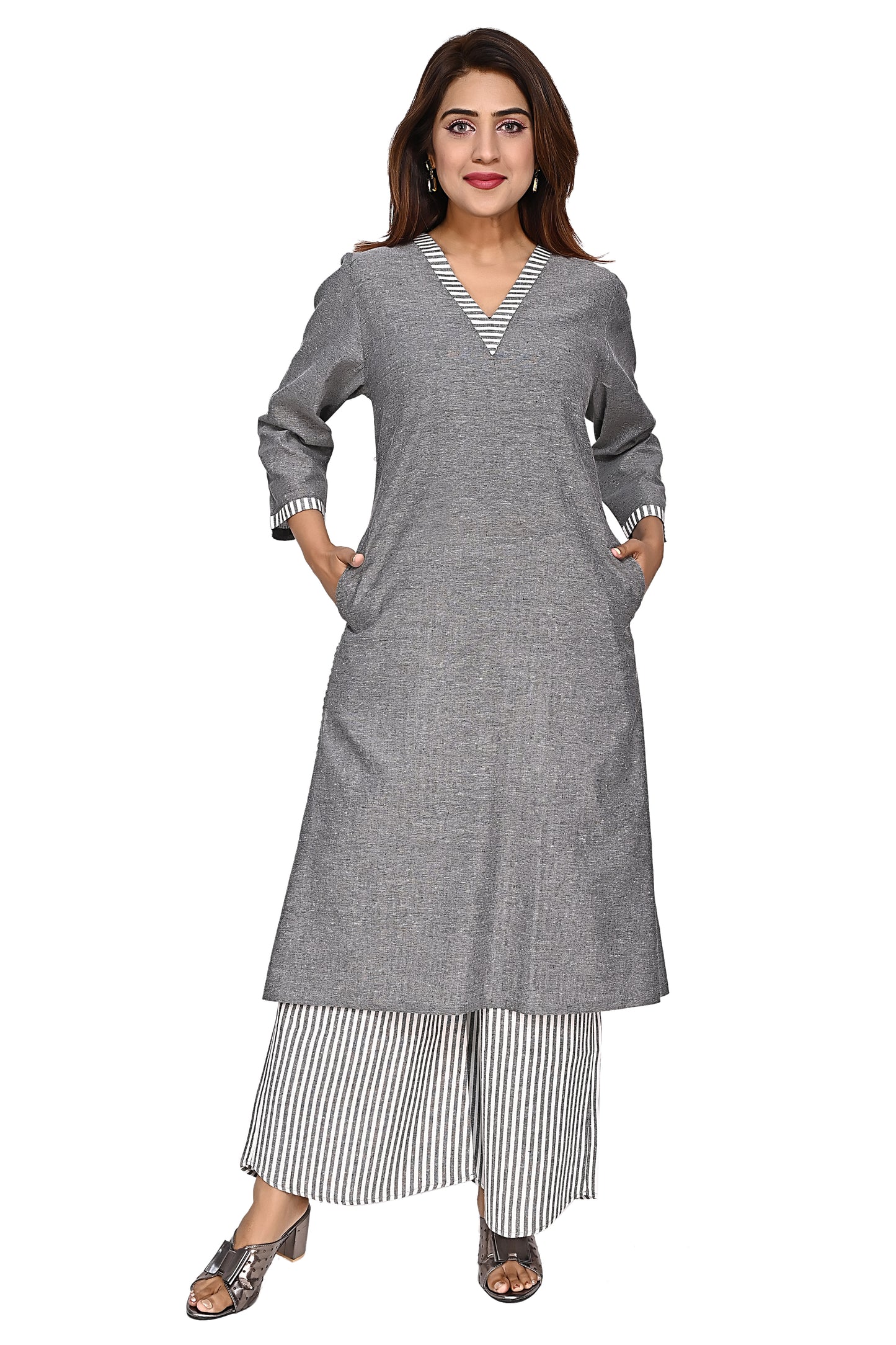 Grey Straight Kurta with Striped Palazzo Pants