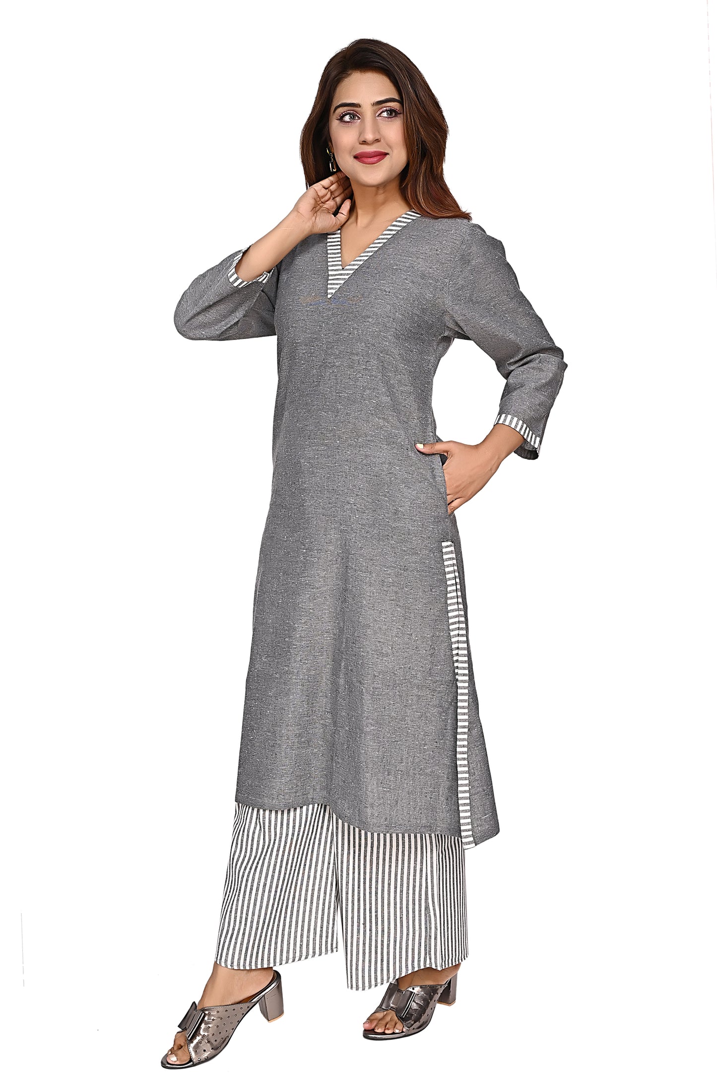 Grey Straight Kurta with Striped Palazzo Pants