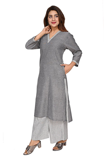 Grey Straight Kurta with Striped Palazzo Pants