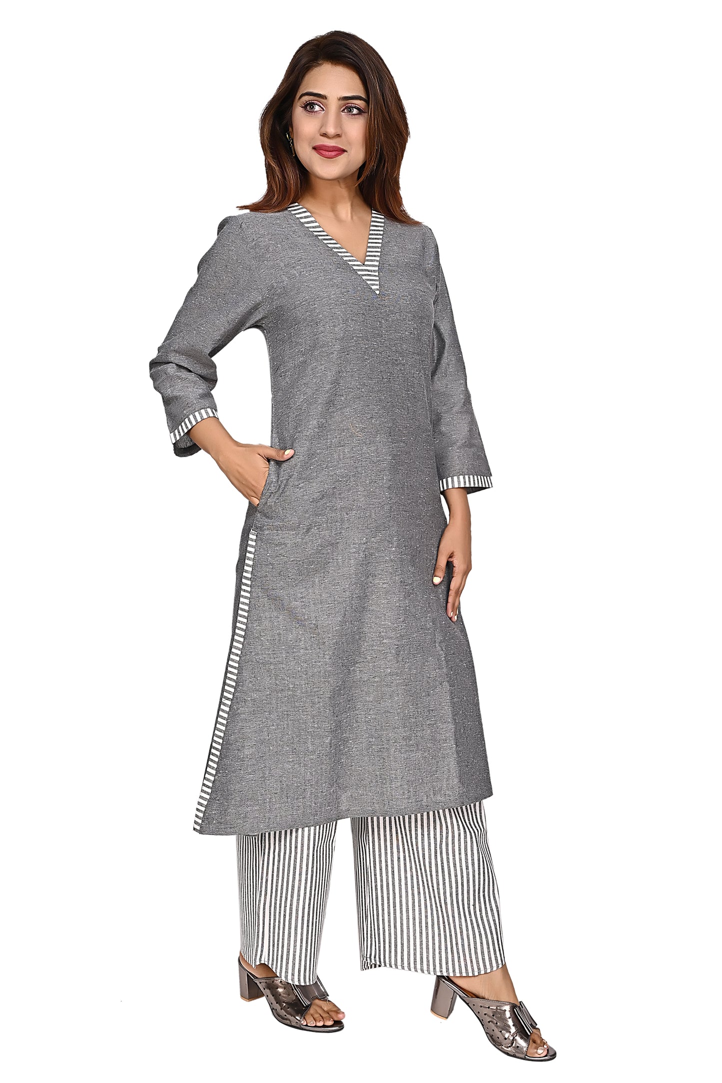 Grey Straight Kurta with Striped Palazzo Pants