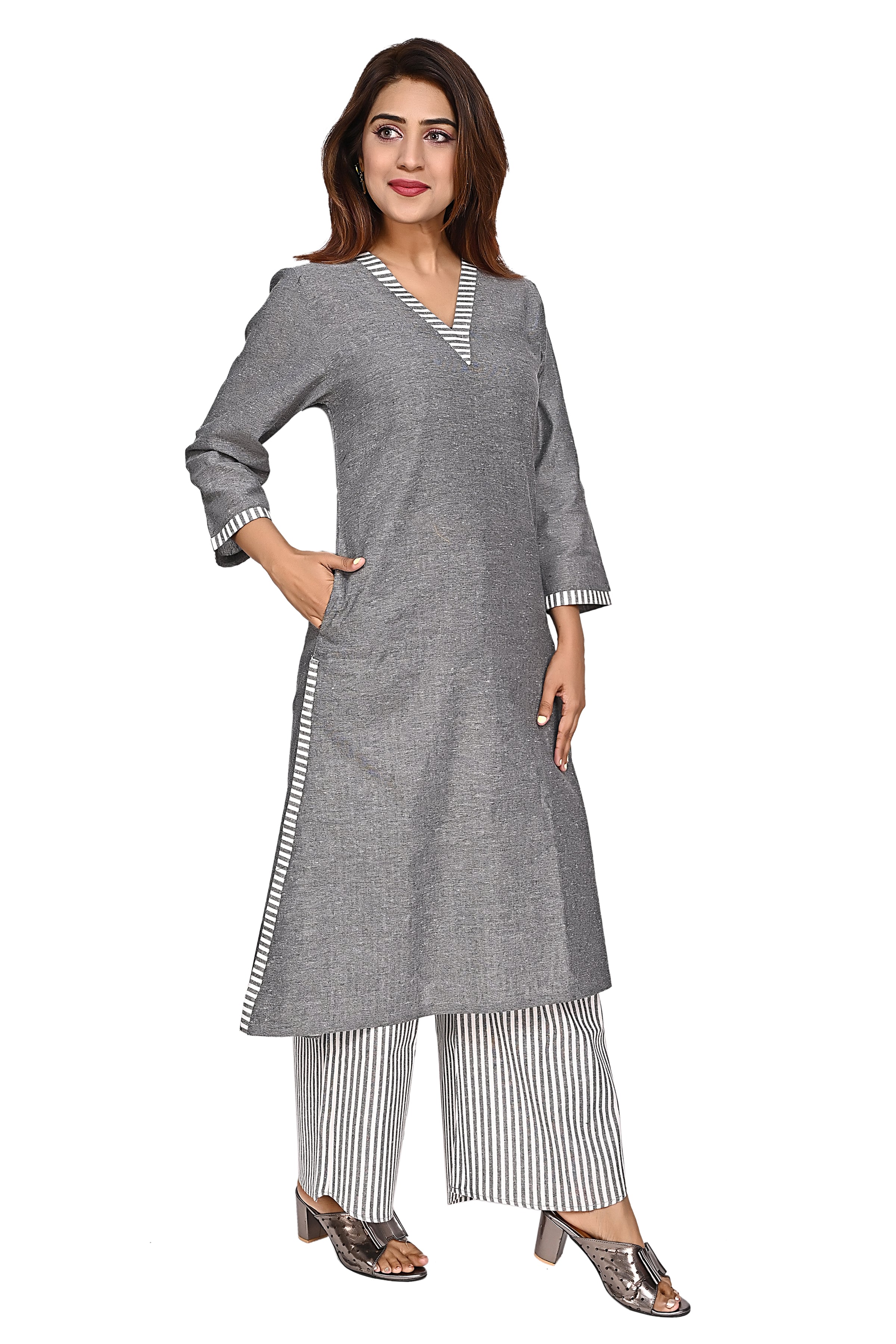 Grey Straight Kurta with Striped Palazzo Pants