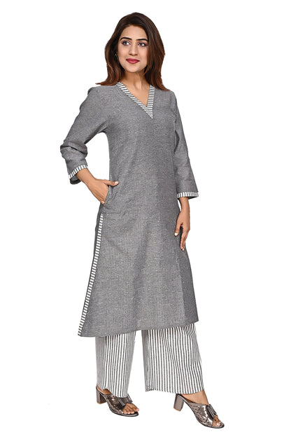 Grey Straight Kurta with Striped Palazzo Pants