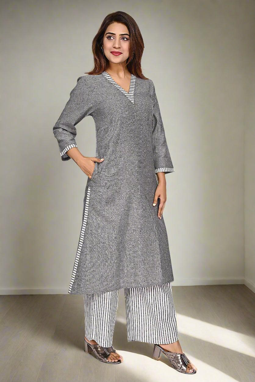 Silver Striped Elegance Cotton Kurti Set