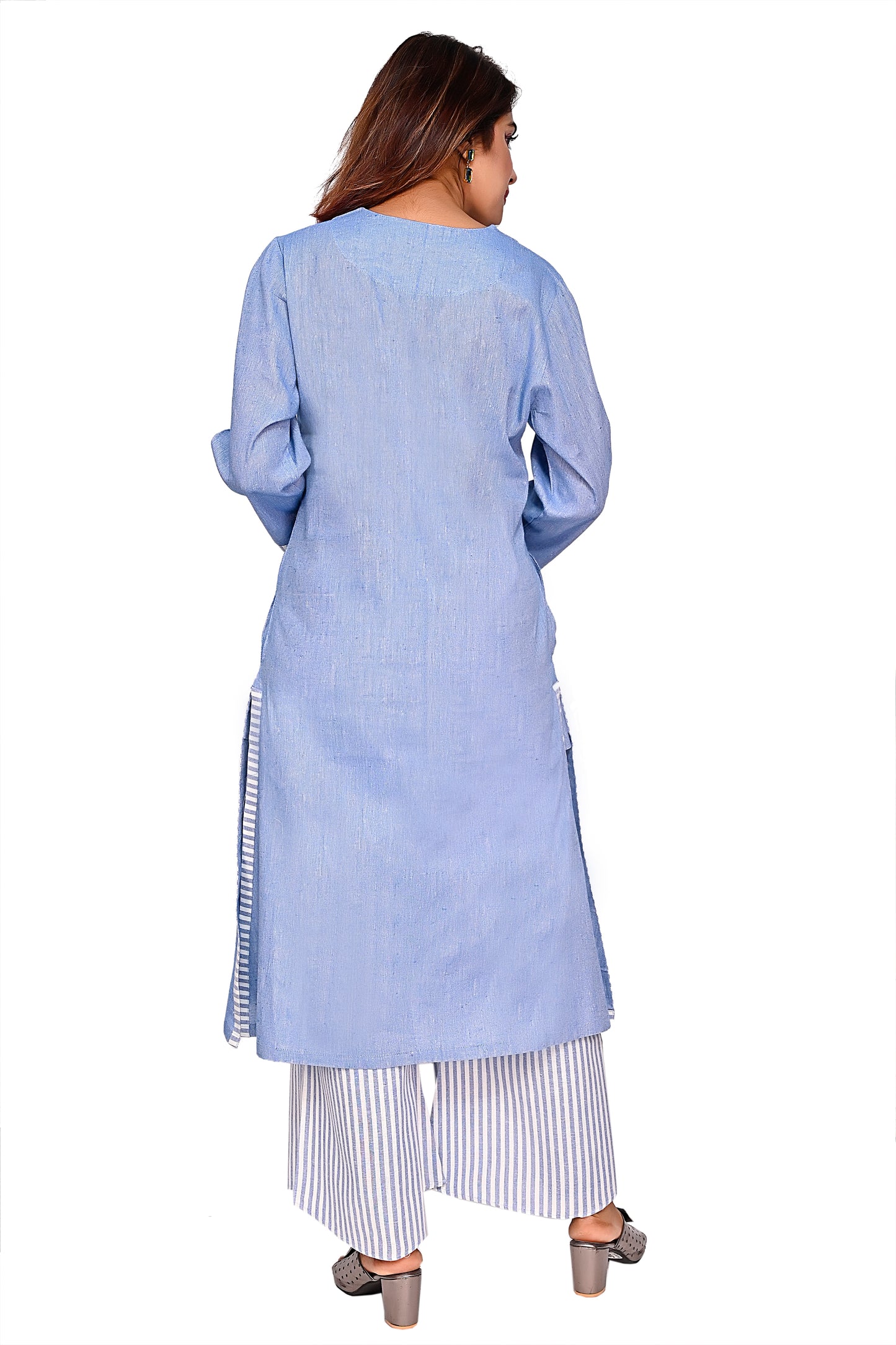Blue Straight Kurta with Striped Palazzo Pants