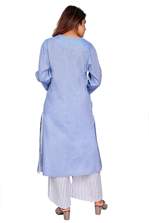 Blue Straight Kurta with Striped Palazzo Pants
