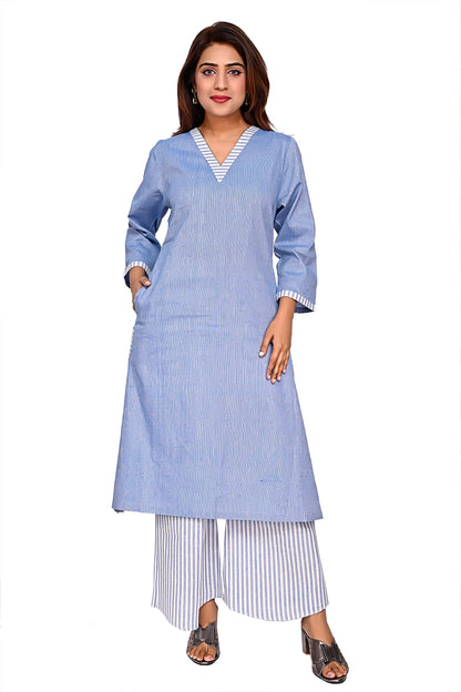 Blue Straight Kurta with Striped Palazzo Pants
