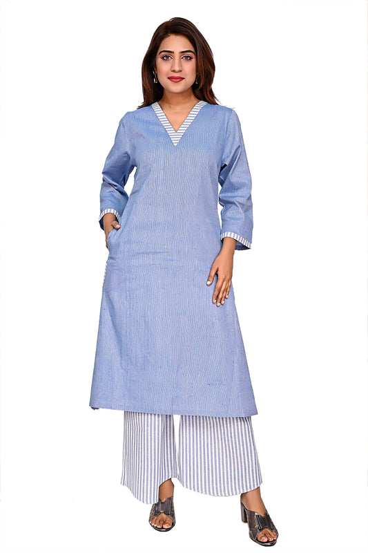 Blue Straight Kurta with Striped Palazzo Pants